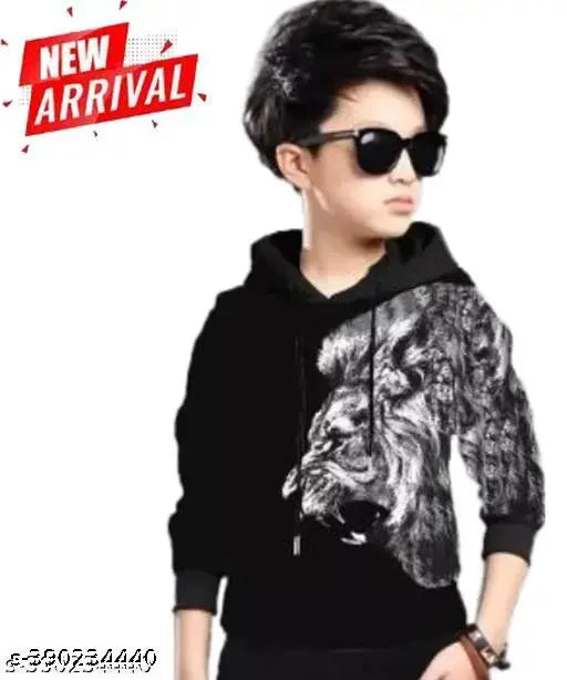 KIDS LION PRINTED HOODED NECK FULL SLEEVES REGULAR FITTED CASUAL WEAR COTTON T-SHIRT