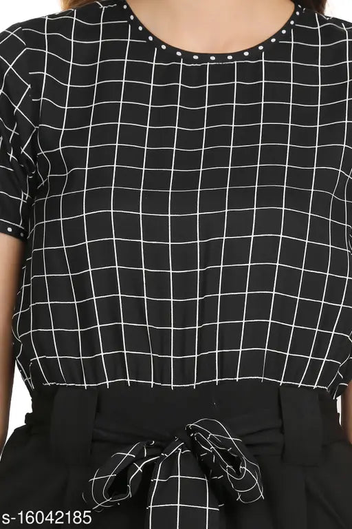 Trendy designer women's polyester jumpsuit with checked pattern, short sleeves and multiple sizes available