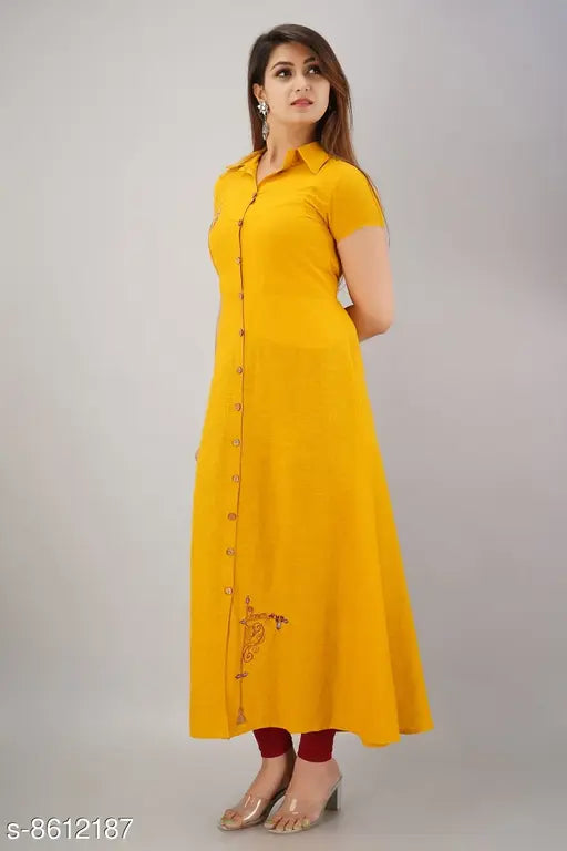Yellow cotton slub A-line embroidered kurti, short sleeves, women's fashion, cotton rayon blend, India