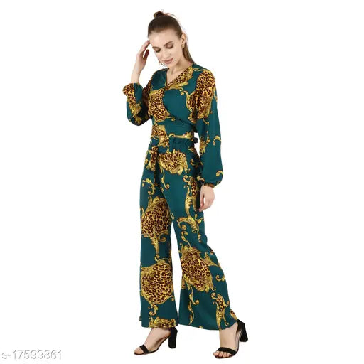 Green polyester POPWINGS Women's animal print v-neck jumpsuit on model
