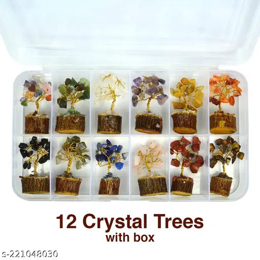 12 Mini Crystal Trees Set - Natural Stone Trees with Chakra Box Showpiece