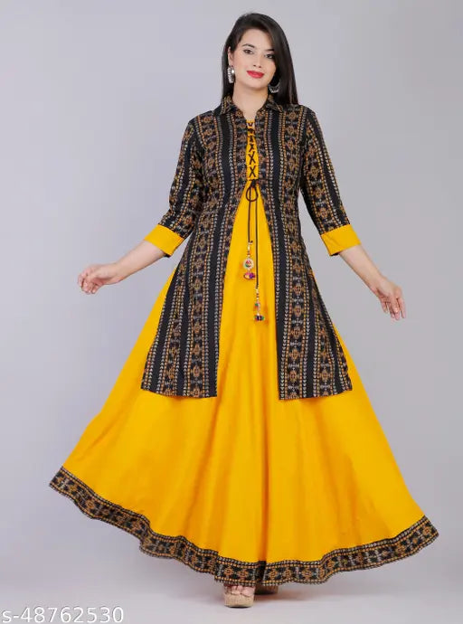 Rajaipuri Printed Women's Anarkali Kurta & Jacket, rayon three-quarter sleeves, soft cotton blend fabric, fontslit pattern, brooch included, India origin