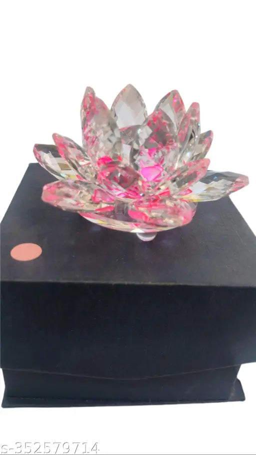 Glass rotating pink crystal lotus for positivity, love, harmony, prosperity, peace, health, and wealth. Handcrafted Indian Feng Shui décor, 8cm x 7cm x 8cm
