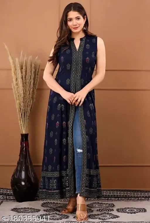 Navy blue rayon gold print Frontslit kurti, sleeveless fashion wear with printed combo on display