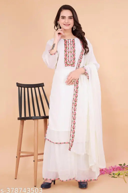 Adrika Drishya Women's Georgette Kurta Set with Dupatta & Bottomwear, intricately embroidered, L-XXXL, Indian festive wear