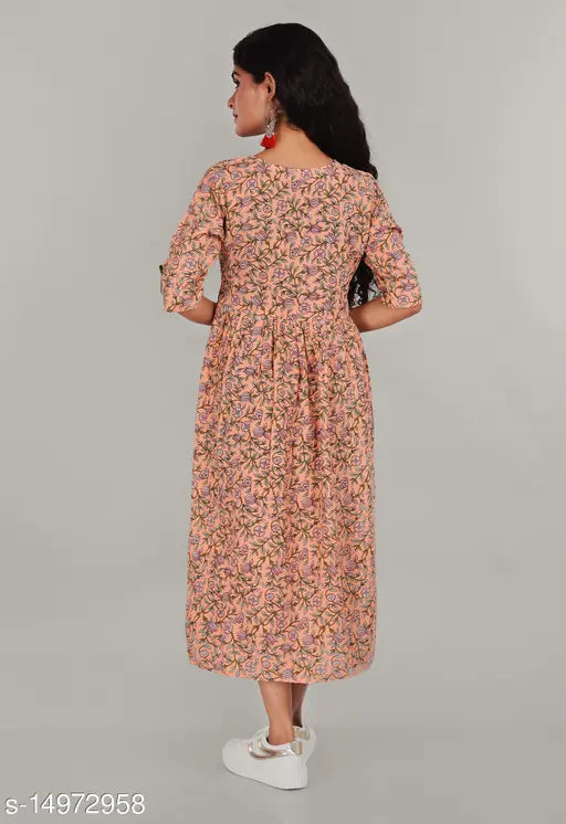 Organic rayon pleated orange kurti, three-quarter sleeves, Indian women's fashion