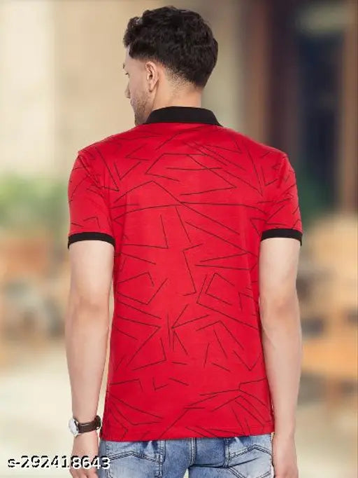Red Cotton Blend Wild West Half-Sleeve Polo Neck T-Shirt, all-over printed, men's fashion
