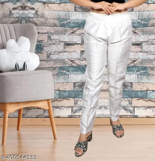 Chic silk blend white trousers, trendy bottom design, comfortable for girls & women (Malti color option)