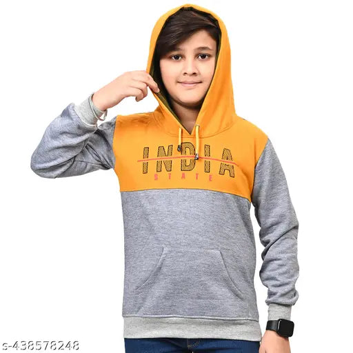 India Fashion Fab Boys Cotton Hoodie, printed design, long sleeves, pack of 1. Close-up image showcasing the stylish hoodie with side pockets, perfect for winters and trending looks