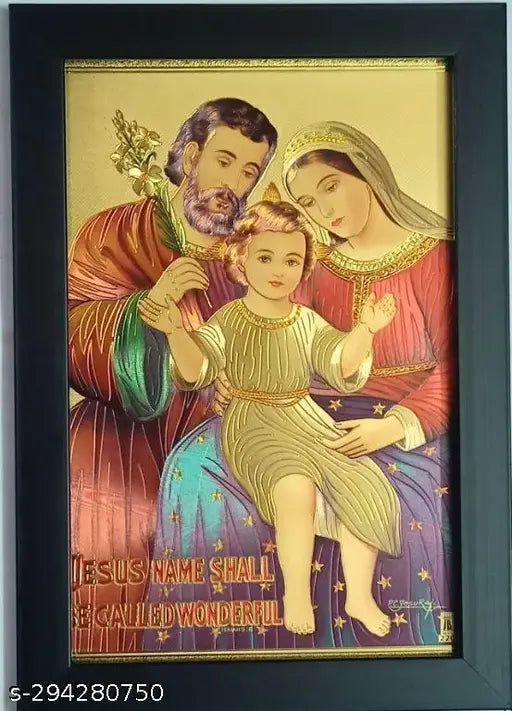 Gold-plated wooden photo frame, featuring Child Jesus, Saint Joseph, and Mother Mary, 9*12 inches, religious art piece on display