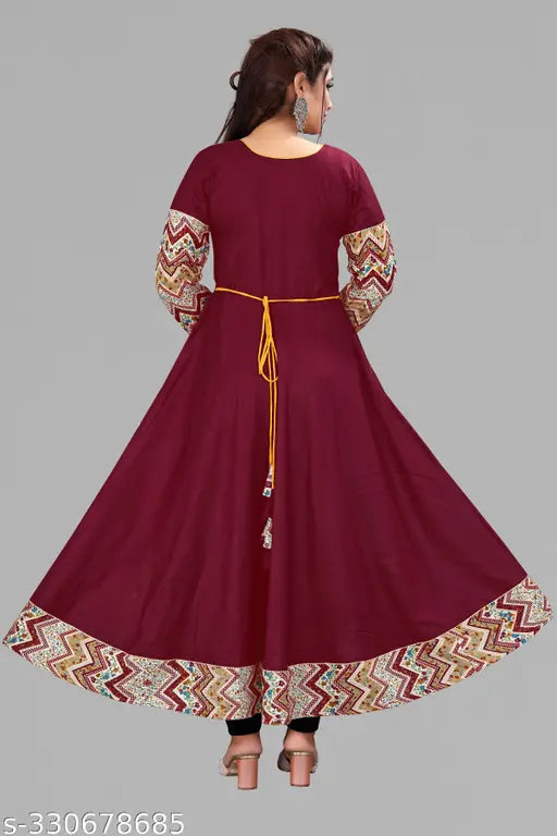 Maroon rayon three-quarter sleeve Anarkali Kurti, solid border tussle tie design - Casual dress for office, social gatherings, or special occasions. High-quality Indian-made cotton fabric, perfect for everyday comfort and style