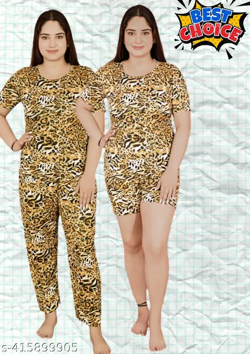 Silk blend, printed night suit 3pc set - soft, comfortable sleepwear for young girls, all seasons