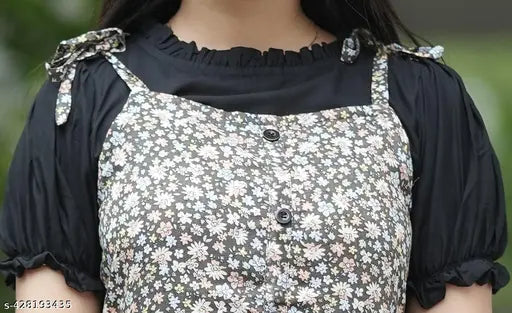 FloraPuff Elegance Viscose Rayon Dress, floral print with puffed black sleeves and lace detailing, perfect for casual outings or daytime events
