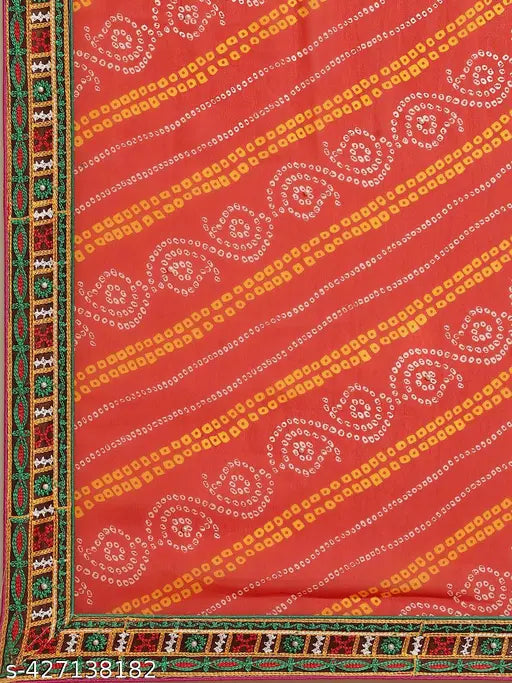 Women's party wear saree, embroidered bandhani printed in shades of red and orange on a red background