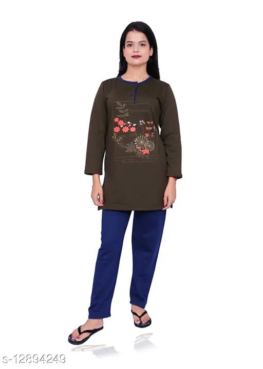 Plush women's winter wear wool night suit with long sleeves and printed pattern (NW-101), cozy woolly pajamas for cold nights