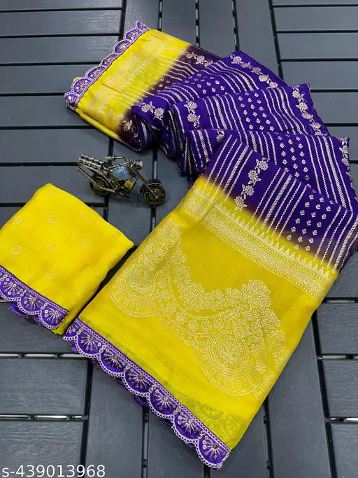 Golden foil printed chiffon saree from India, free size with separate blouse