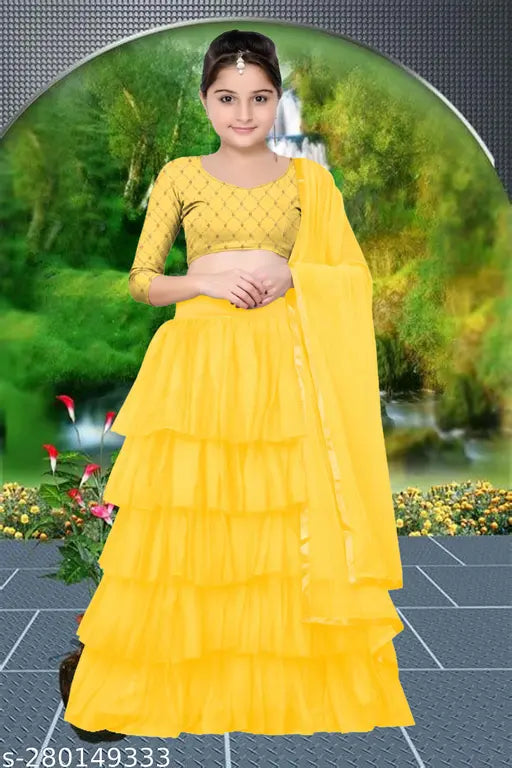 New Girls Lehenga Choli: Satin top with long sleeves, net lehenga and dupatta, embellished with intricate Indian embroidery for kids