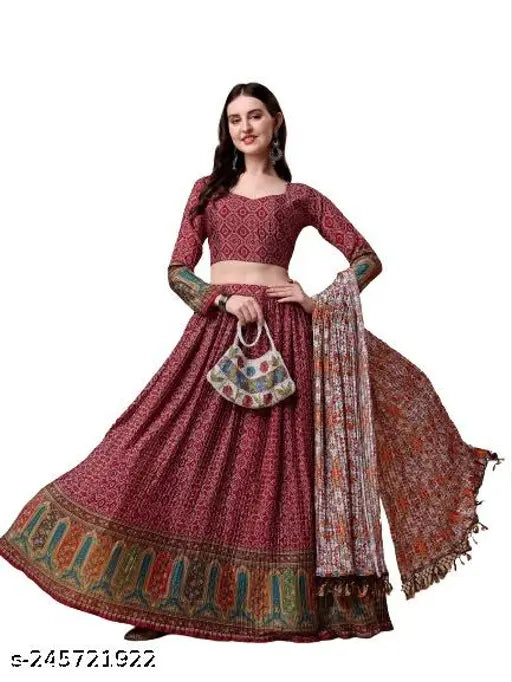 Newest Chiffon Embroidered Lehenga Choli and Dupatta set, featuring print crush work and micro cotton inner, perfect for carnival season