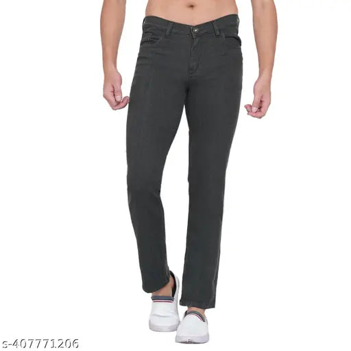 Skinny fit mid-rise solid stretchable jeans for men (pack of 3), cotton blend, solid color. Men's jeans on hanger with t-shirt and shoes. Sizes: 28, 30, 36 (Waist 28-36, Length 32 in) Made in India