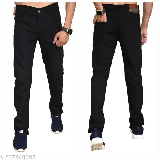 Mens black slim-fit low-rise denim jeans with stretch, durable construction. Slim-fitted for a modern look and comfort, size 28, 30, or 32, made in India