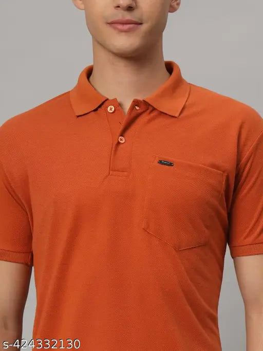 Orange rust cotton blend men's casual wear plain collar t-shirt with pocket, short sleeves