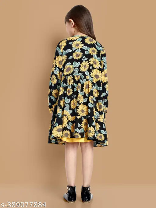 Yellow polyester midi dress with printed shrug for girls aged 11-12 years, featuring long sleeves and Shrak design