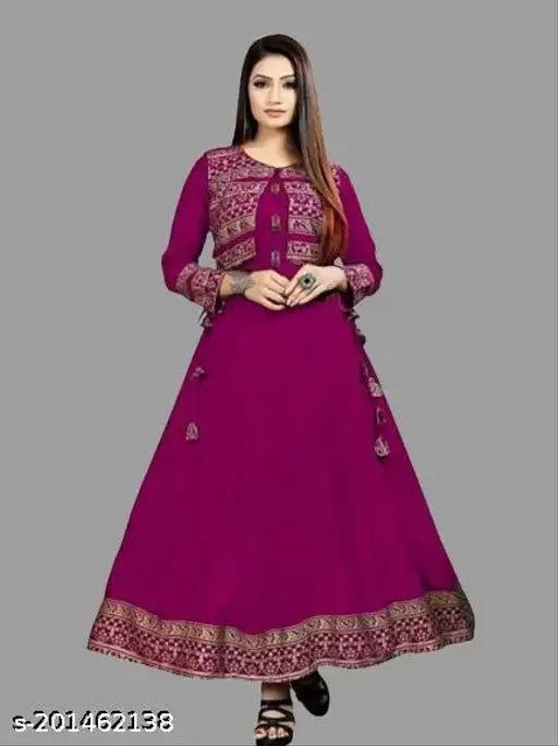 Maroon rayon Anarkali kurti with lace border, three-quarter sleeves, printed combo. Party wear for women