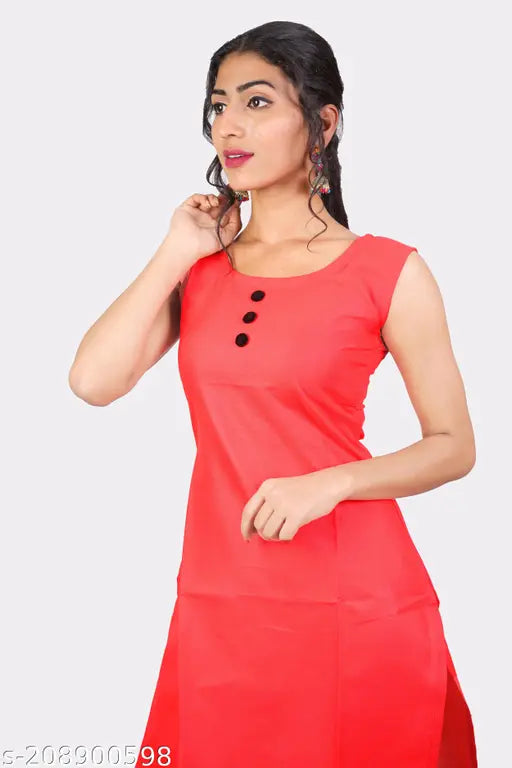 Red cotton straight kurta with slub detailing