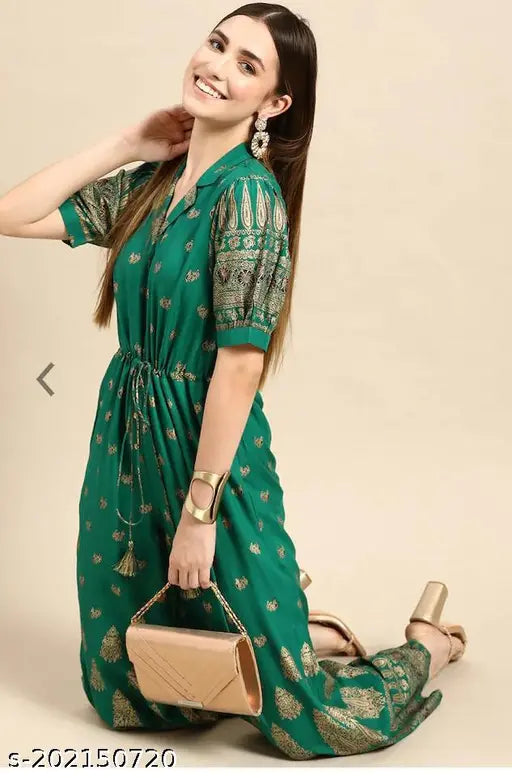 Mintra green viscose rayon short-sleeved jumpsuit, printed net pattern. XXL size from India