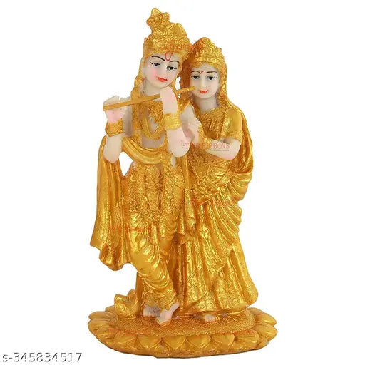 Resin Radha Krishna statue sculpture with diya and black tray, gold-plated, ideal for home decor or gifts, 19 cm x 11 cm
