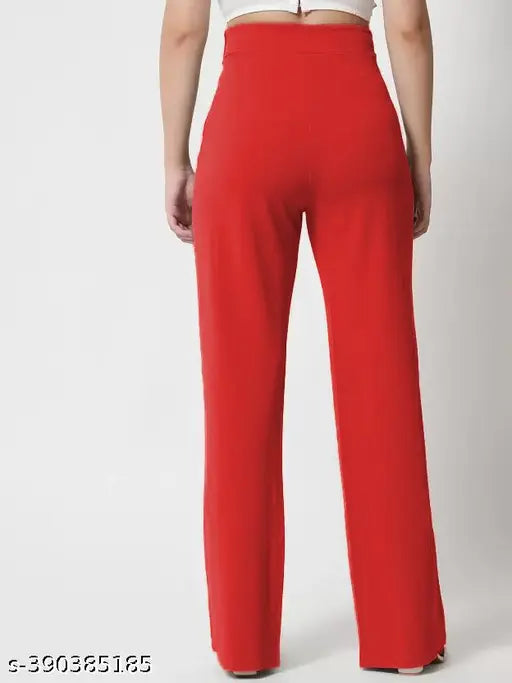 Bright red high-waisted flared trousers, comfy stretch material