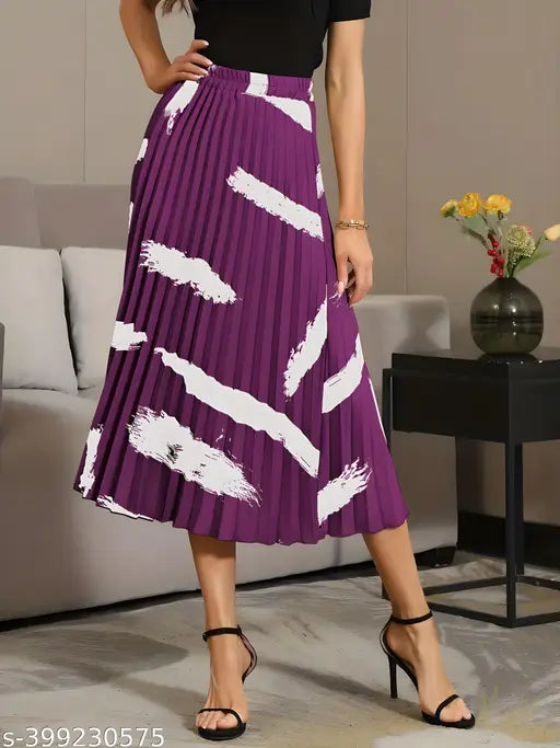 Purple pleated skirt with brush print design, vintage elastic waist mid-length skirt, ladies midi skirt