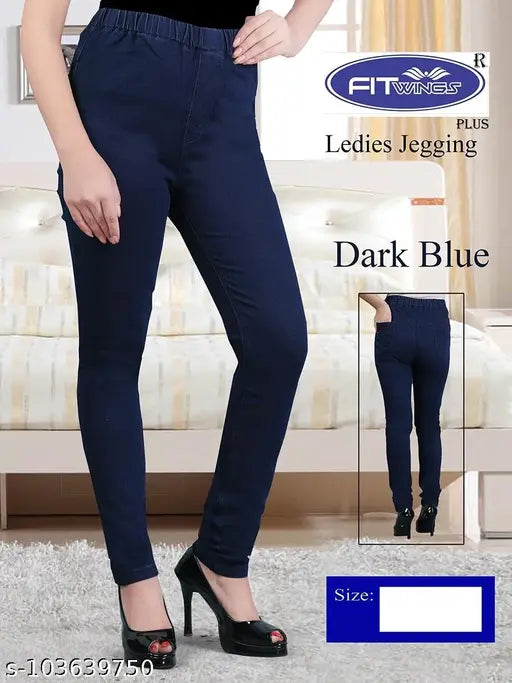 Dark blue denim lycra jeggings for women, high rise and stretchable full length. Perfect for a stylish outfit." (122 characters)