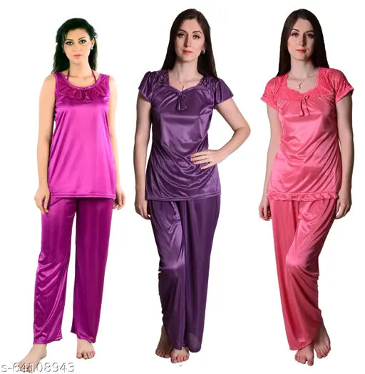 Purple, wine coral pink satin pyjamas combo set for women's nightwear, three sizes available