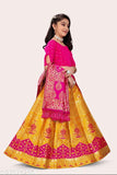 Acrylic and bamboo Kids Lehenga Choli with short sleeves, jacquard stitch & zari woven pattern. Perfect for 7-8 year olds, ideal for weddings or special occasions. Made in India