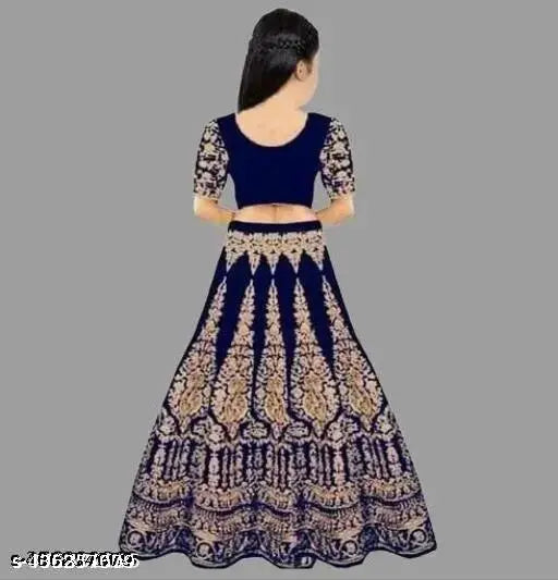 Velvet lehenga for 12 years girl, embroidered and embellished semi-stitched design with short sleeves, net dupatta on display