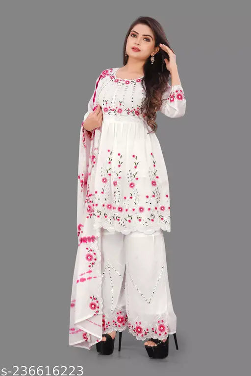Women's white embroidered top with matching sharara, party wear set for girls