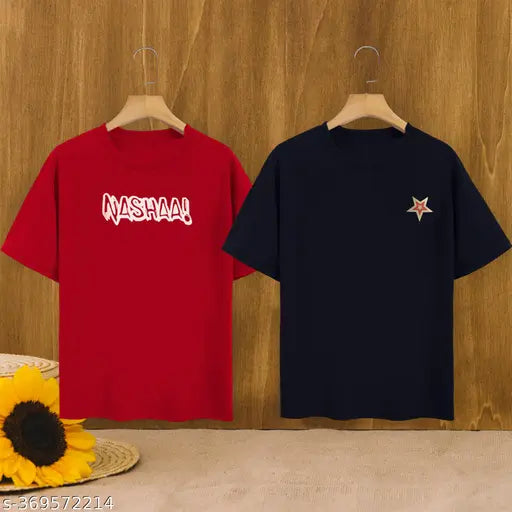 Large, red, and black oversized t-shirts set, featuring loose-fitting style. Plus-size options available in combo pack with matching t-shirts for women