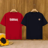 Large, red, and black oversized t-shirts set, featuring loose-fitting style. Plus-size options available in combo pack with matching t-shirts for women