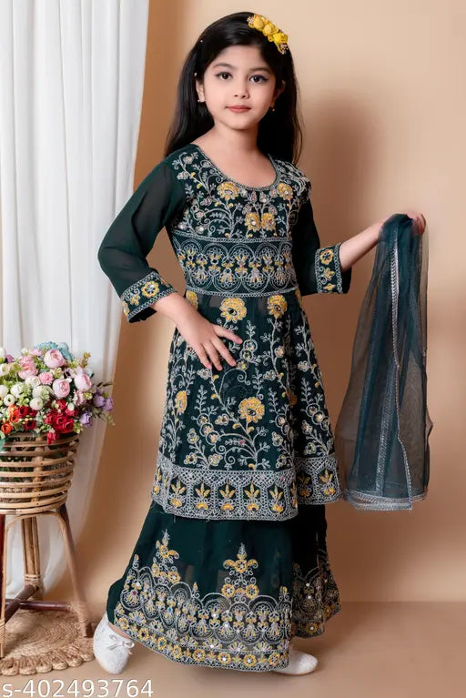 Green Georgette embroidered lehenga for kids partywear, semi-stitched for custom fit