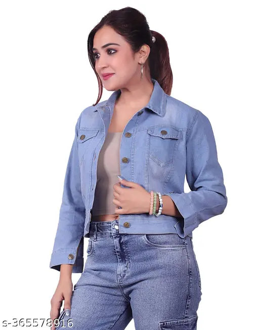 Light blue denim women's jacket, solid pattern, long sleeves, machine washable, durable and versatile, made in India