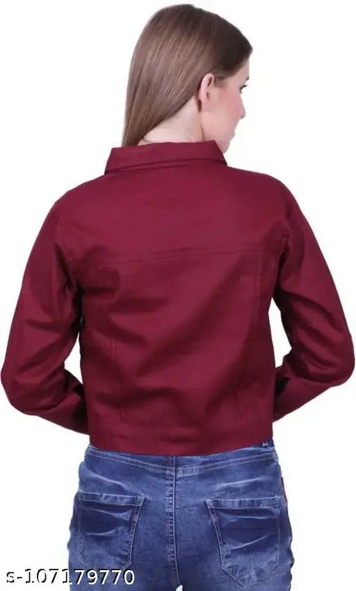Maroon denim full-sleeve jacket, solid pattern, women's size S-XL, India-made