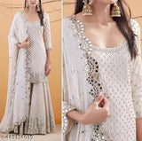 Womens Georgette 9mm work kurta with dupatta set, solid sharara, white color