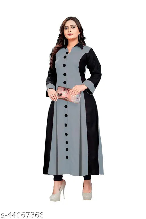Grey and black rayon cotton blend A-Line kurta for women, colorblocked style with long sleeves - perfect for party, festive, casual, traditional occasions