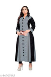 Grey and black rayon cotton blend A-Line kurta for women, colorblocked style with long sleeves - perfect for party, festive, casual, traditional occasions
