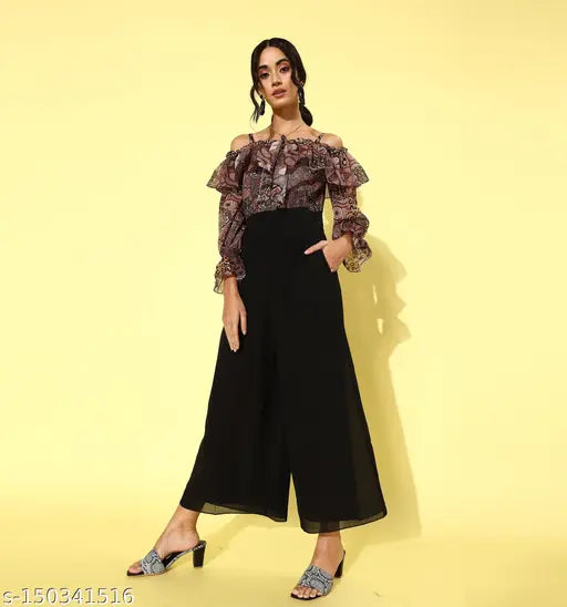 Multicolor abstract off-shoulder polyester jumpsuit, animal print with ruffled long sleeves, 2 side pockets, Miss Chase women's fashion" (124 characters)