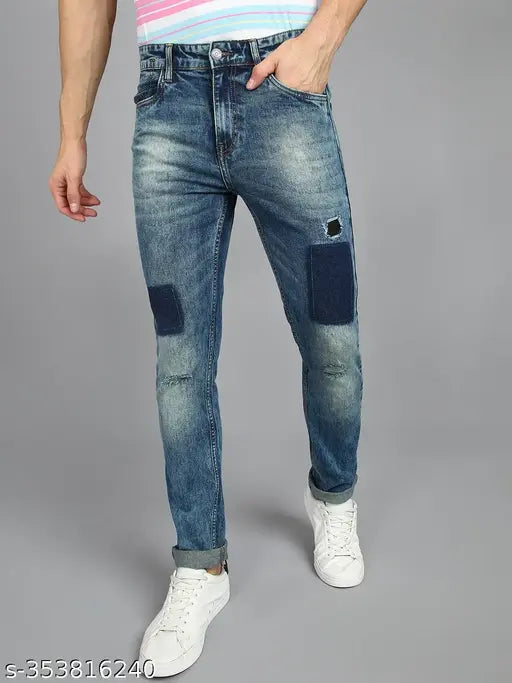 Men's dyed light blue jeans with distressed details and elastic waistband
