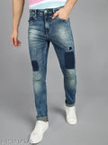 Men's dyed light blue jeans with distressed details and elastic waistband