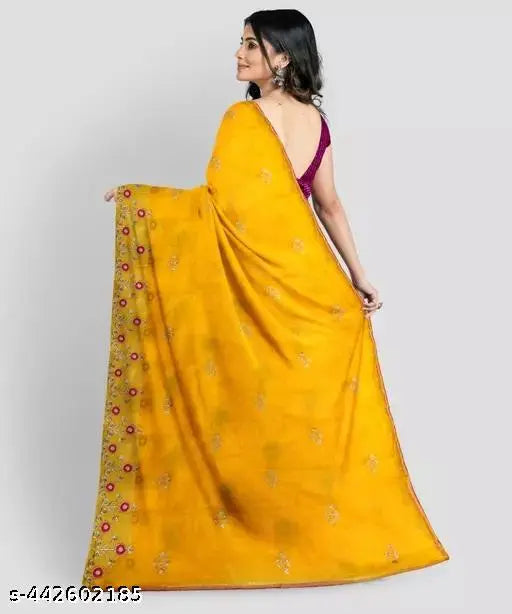 Yellow pink Syclon silk net saree with embroidery, India-origin, free size (5.5m length), solid blouse