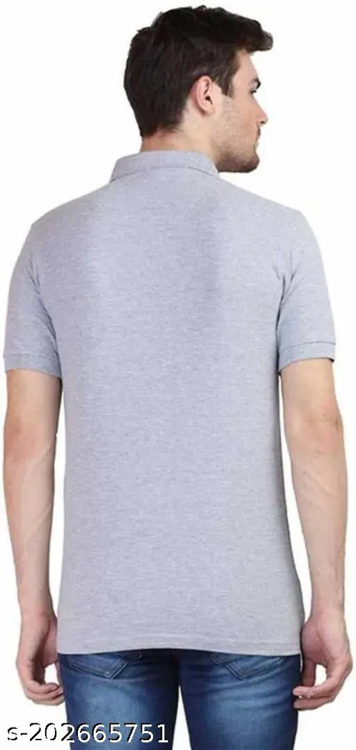 Grey cotton blend polo neck t-shirt for men, regular fit with short sleeves